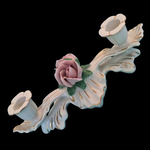 Vintage Dresden Double Candelabra Roses Candlestick Holder Capodimonte Style - Picture 9 of 14